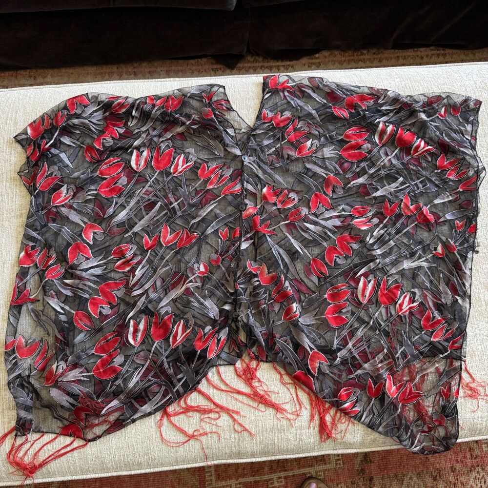 Retro Vintage Bohemian Festival Floral Fringe Red Black & Silver Women's Poncho